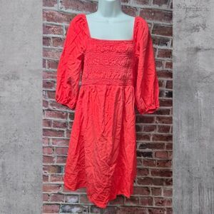Isabel Maternity Coral Mini Dress Medium Smocked Puff Sleeve Linen Blend